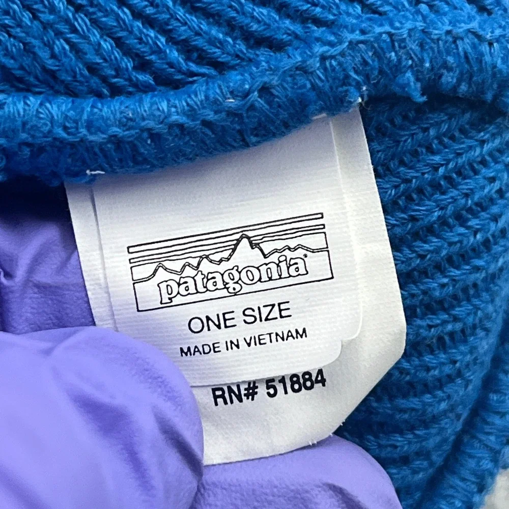 Patagonia Powder Town Beanie Kids OS Blue Striped Pom Pom Logo Knit Hat 66061